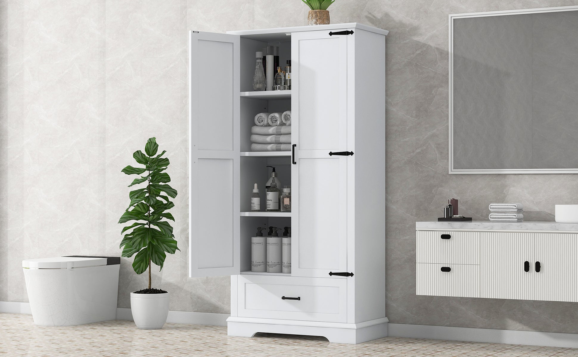 Tall Bathroom Storage Cabinet, Cabinet With Two Doors And One Drawer, Adjustable Shelf, Mdf Board, White White Mdf