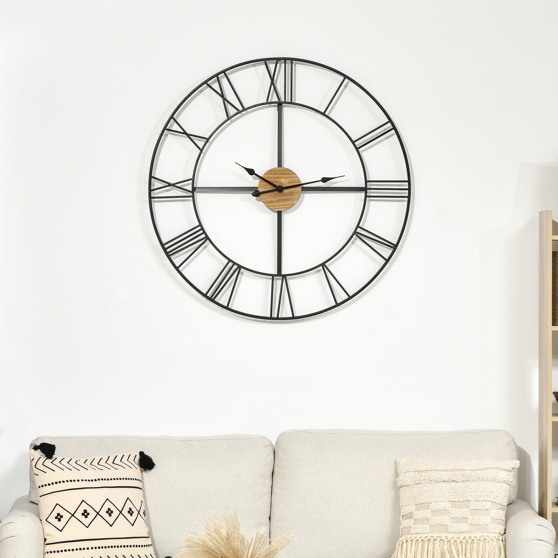 Homcom 36 Inch Large Wall Clock, Silent Non Ticking Wood Metal Farmhouse Roman Numeral Clocks For Living Room Decor, Battery Operated, Black Black Metal