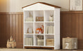 House Shaped Storage Rack With Nine Storage Compartments, Three Layer Bookshelf With Colorblock Design, White Brown Brown White Particle Board