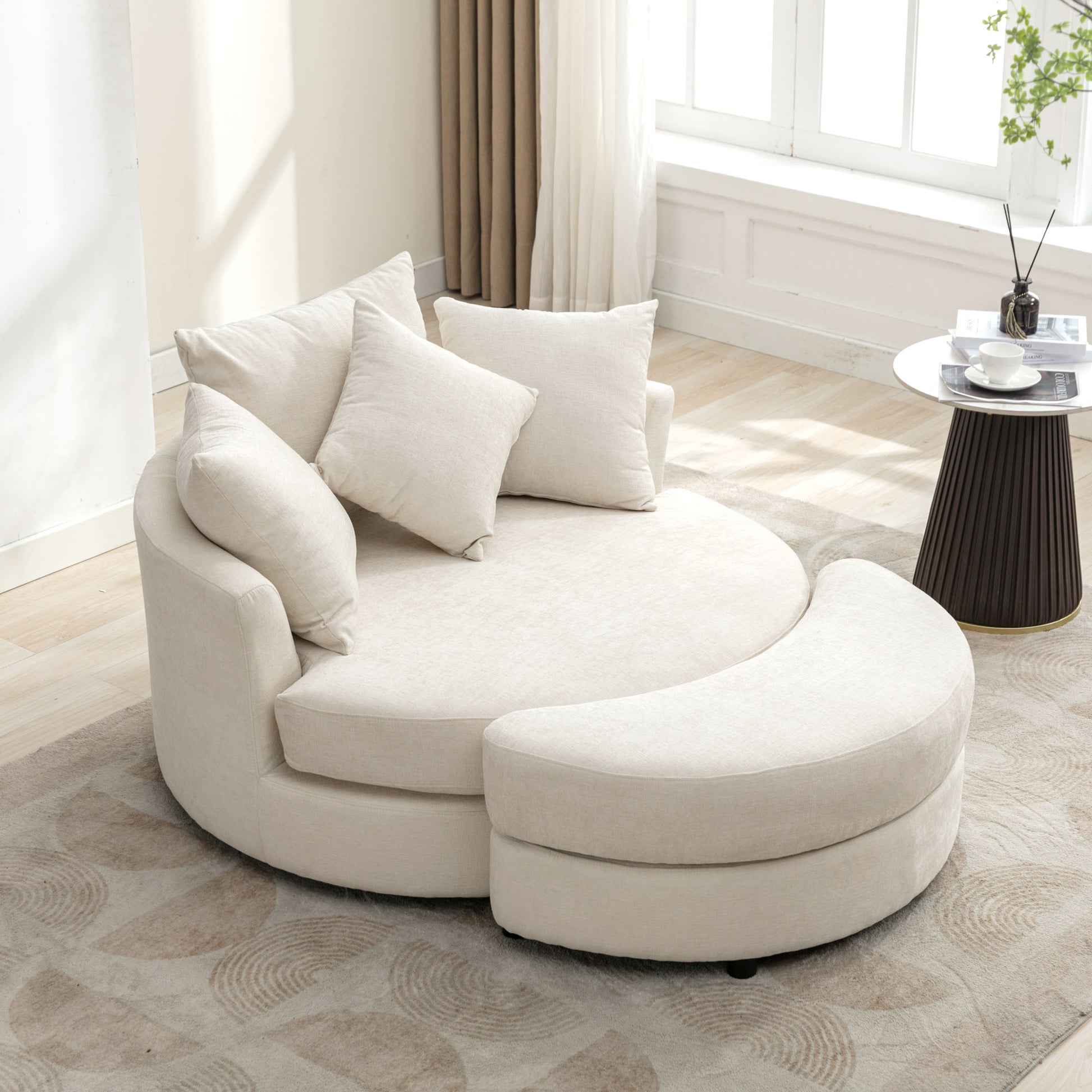 Orisfur. 360 Swivel Accent Barrel Chair With Storage Ottoman & 4 Pillows, Modern Chenille Leisure Chair Round Accent For Living Room, Cream Cream Foam Chenille