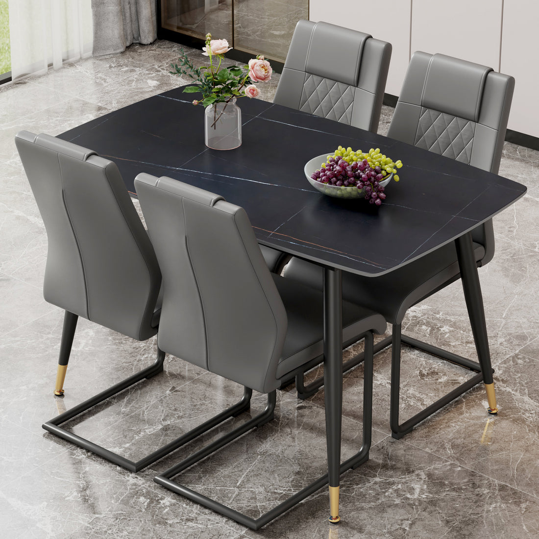 Table And Chair Set. Large Modern Rectangular Table With Black Textured Top And Black Metal Legs. Soft And Comfortable Pu Seats, Faux Leather Upholstered Seats And Sturdy Metal Legs. Grey Black Seats 4 Sintered Stone