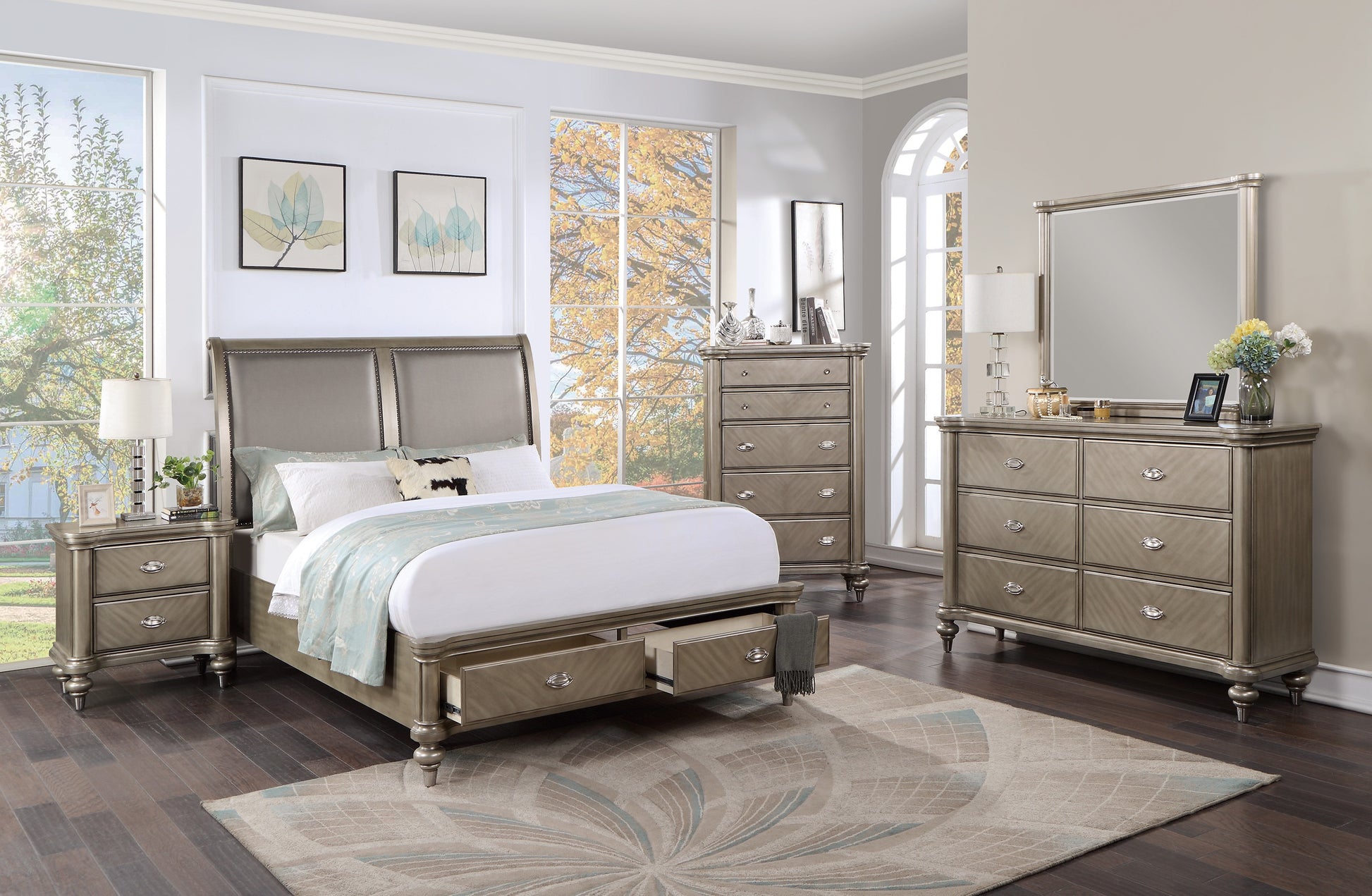 Luxury Antique Silver Champagne Finish Dresser W Mirror Storage Space Luxury Antique Silver Champagne Finish Dresser W Mirror Storage Space