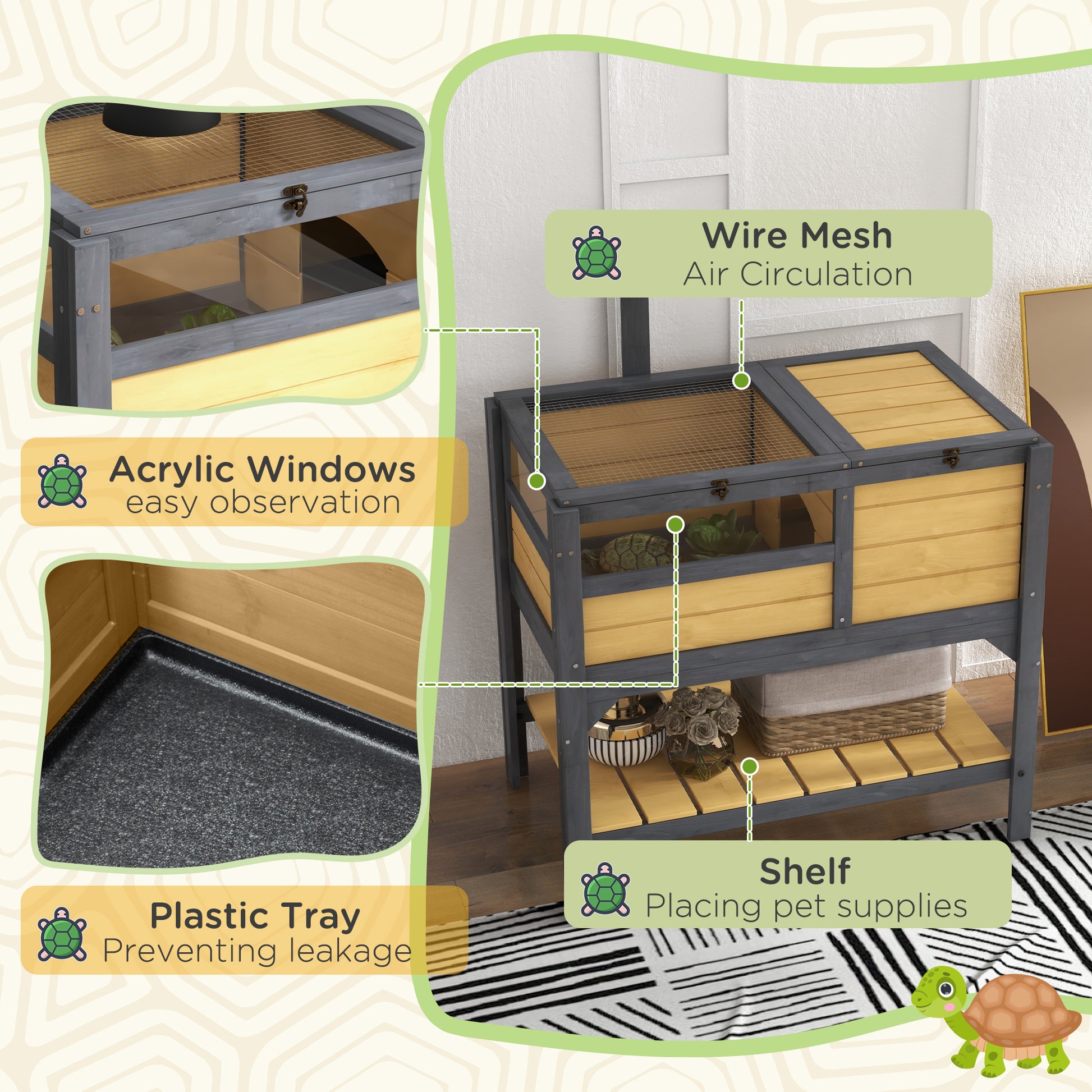 Pawhut Tortoise Habitat With Shelf Storage, Tortoise Enclosure With Weather Protection, Tortoise Gift Accessory, Reptile Enclosure With Tray, Light Support Frame, Yellow Grey Brown Wood