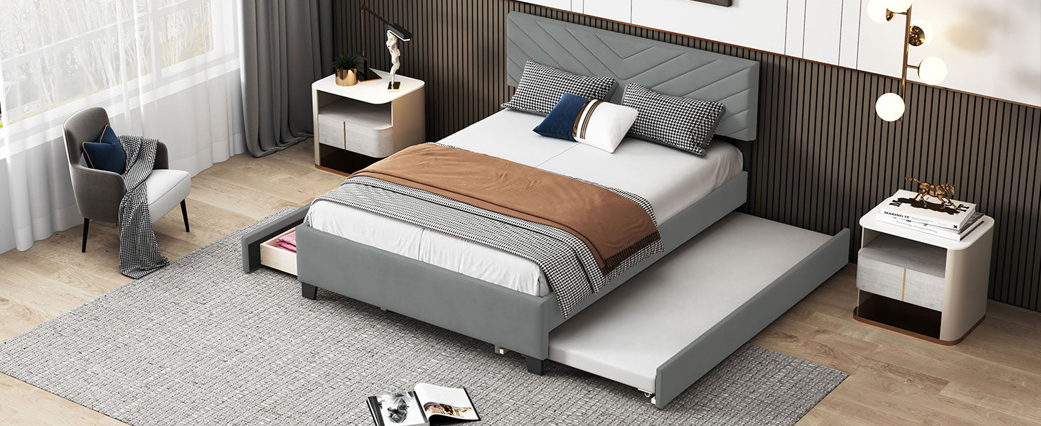 Queen Size Upholstered Platform Bed With Twill Headboard, Pullout Bed And Two Drawers, Flannel,Gray Queen Gray Mdf Lvl