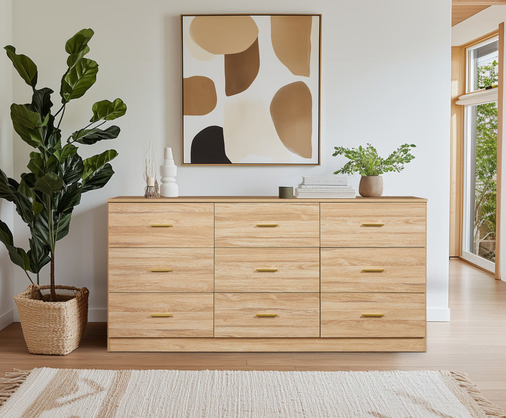 Modern Natural 9 Drawer Dresser For Bedroom Large Storage Wide Chest O
