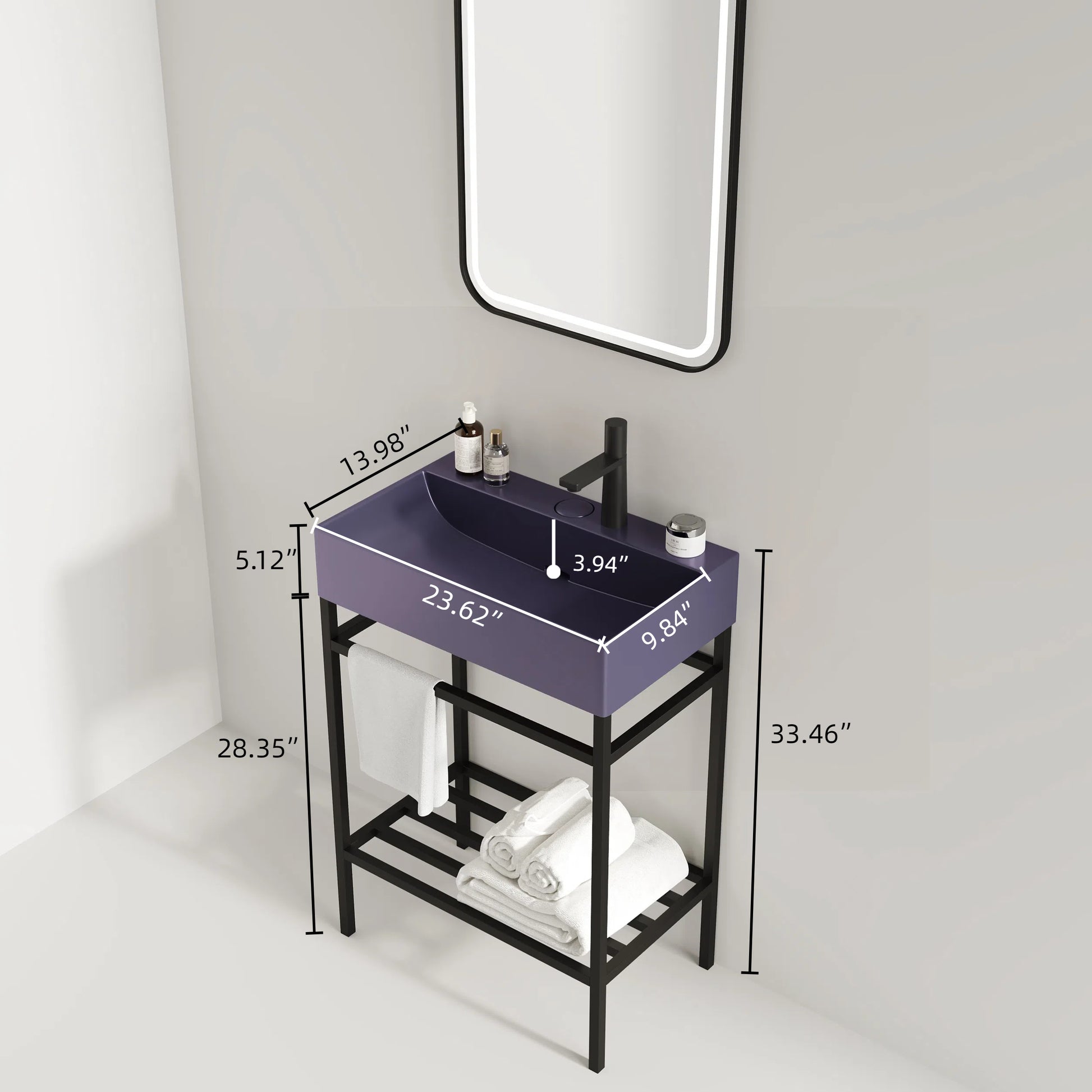 Lofi 24" Bathroom Vanity With Ceramic Basin, Freestanding Bathroom Console Sink Set, Glossy Purple Rectangular Ceramic Basin Without Faucet, Open Metal Leg, Storage Shelves, Black Purple Black