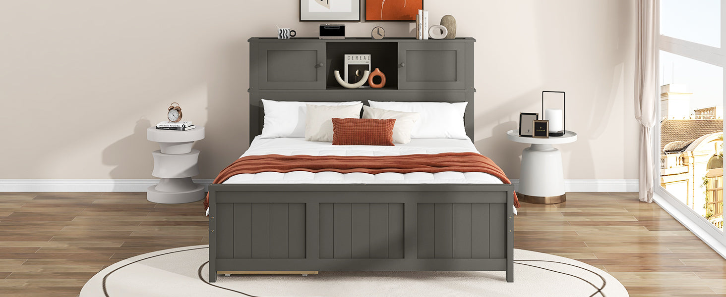 Full Size Platform Bed With Storage Headboard And Sliding Door,2 Drawers, Gray Full Gray Solid Wood Mdf