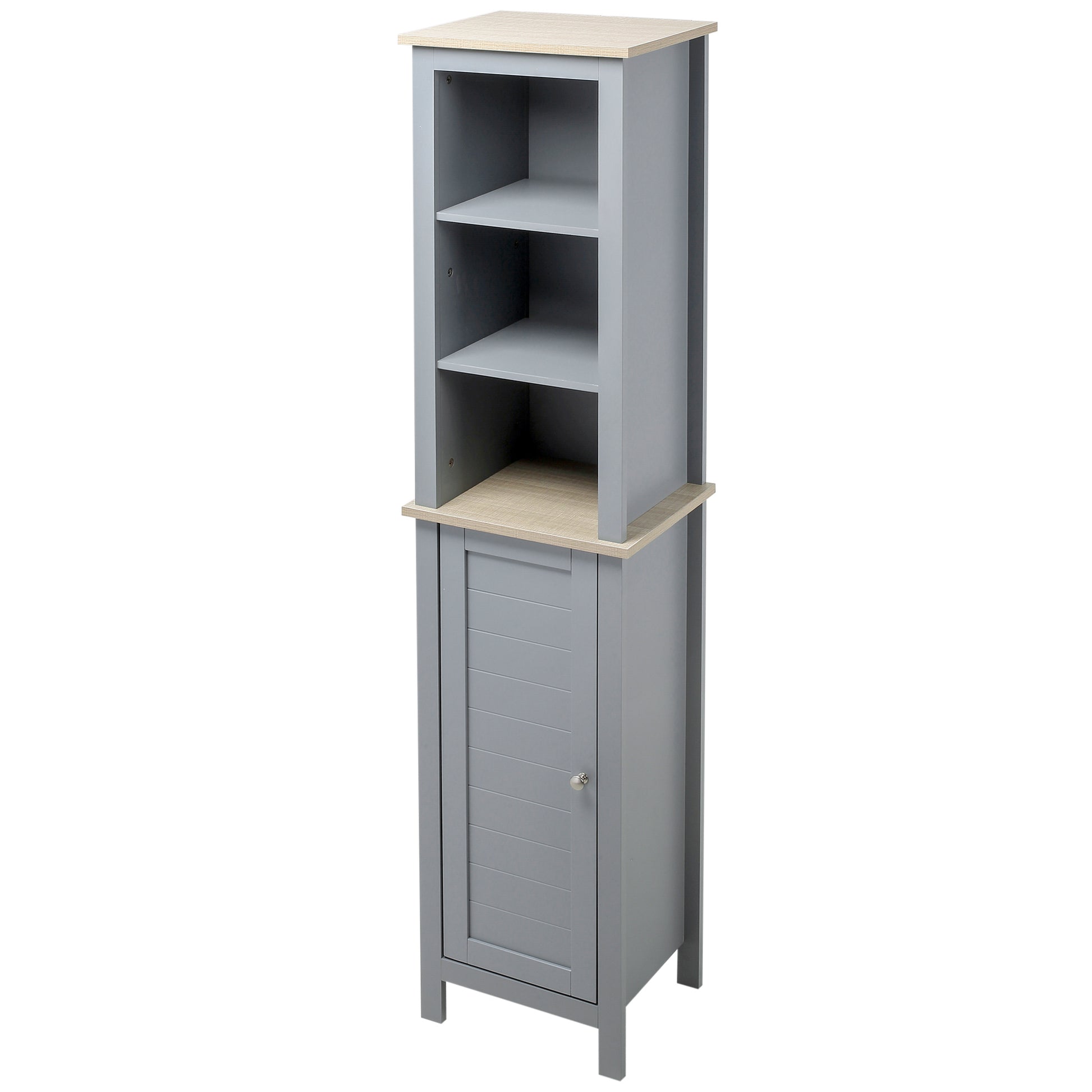 Kleankin Tall Bathroom Storage Cabinet With 3 Tier Shelf, Door, Free Standing Linen Tower, Slim Side Organizer, Grey Grey Mdf