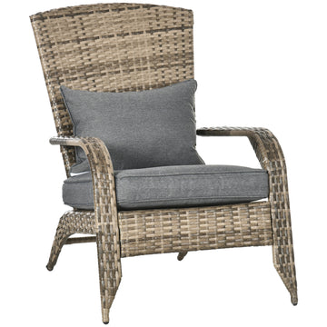 Outsunny Patio Wicker Adirondack Chair, Outdoor All Weather Rattan Fire Pit Chair W Soft Cushions, Tall Curved Backrest And Comfortable Armrests For Deck Or Garden, Charcoal Gray Gray Steel