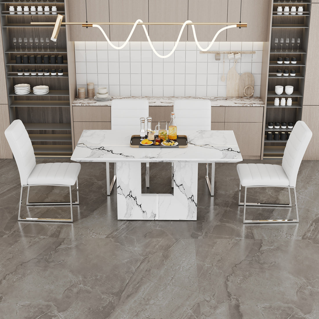 Table And Chair Set.63"X35.4" White Marble Patterned Mdf Dining Table Set With 4 Armless White Pu Chairs.The Backrest Of The Dining Chair Is Designed With Multiple Horizontal Stripes. White Seats 4