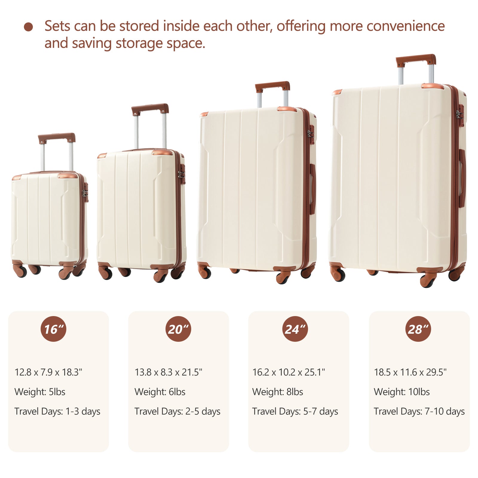 Hardshell Luggage Sets 6 Piece Suitcase Set, Expandable Lightweight Suitcases With Wheels, Tsa Lock For Men Women, White Brown Brown White Abs