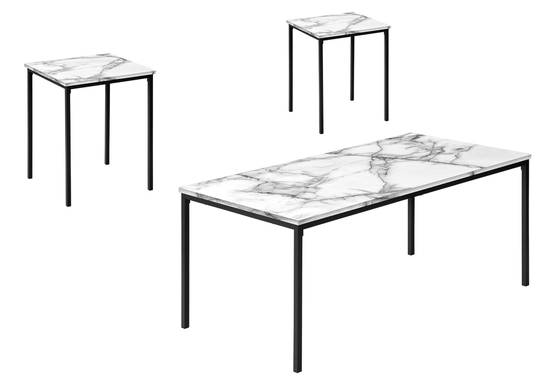 Table Set, 3Pcs Set, Coffee, End, Black Metal, White Marble Look Laminate, Contemporary, Modern White Particle Board