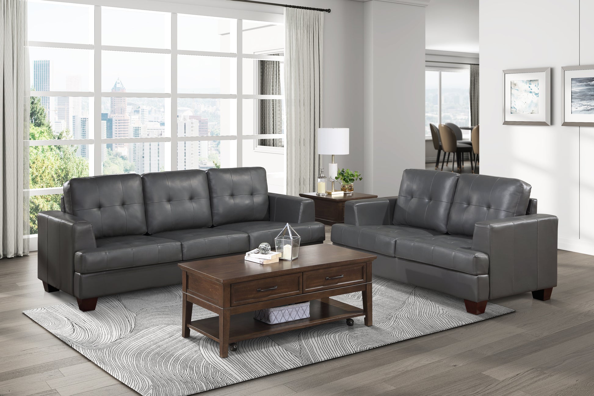 Living Room Gray Modern Comfort Sofa 1Pc Premium Faux Leather Upholstery Tufted Detail Solid Wood Frame Furniture Gray Faux Leather Wood Primary Living Space Modern Faux Leather 3 Seat