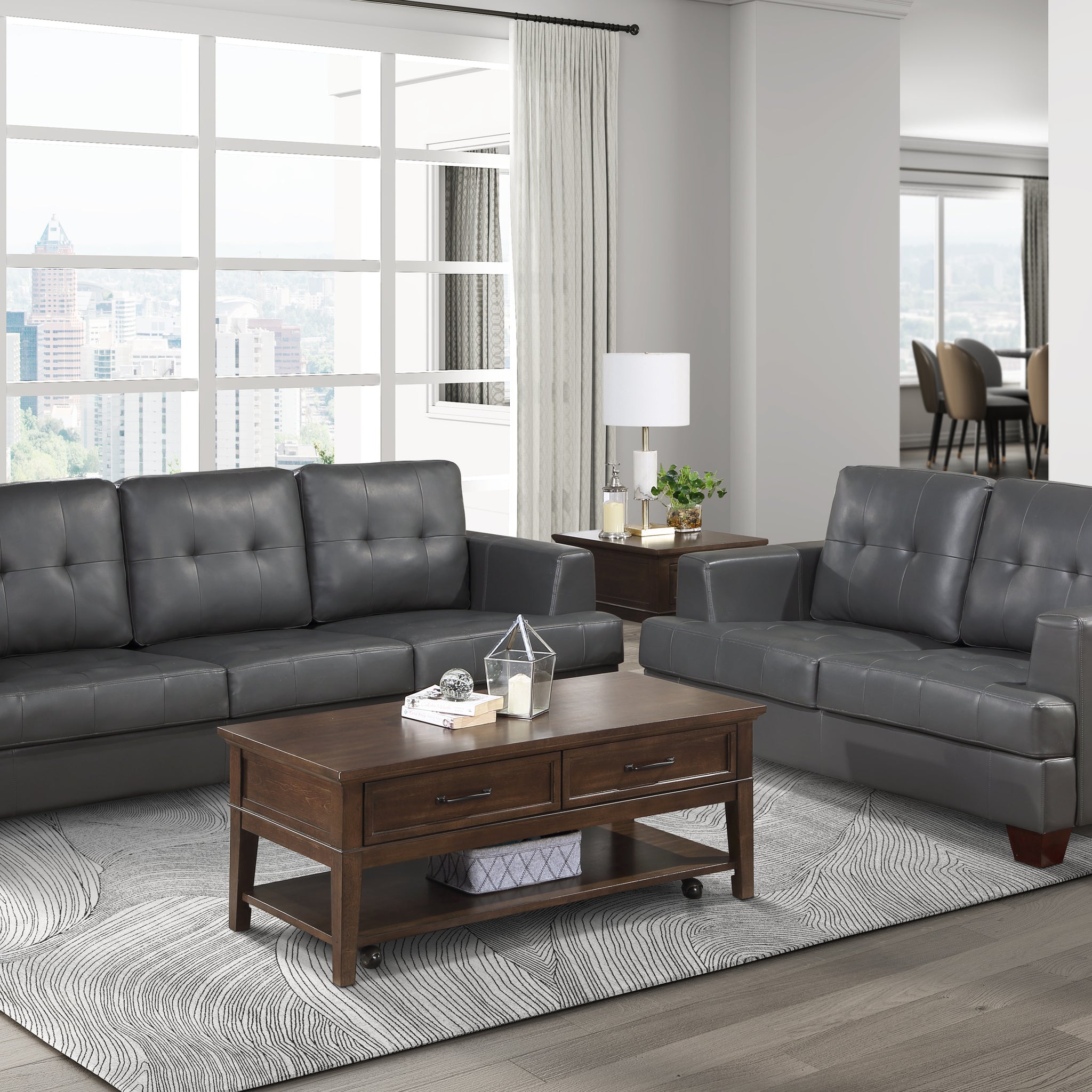 Modern Design 2Pc Sofa Set Premium Faux Leather Upholstery Gray Sofa Loveseat Comfort Tufted Detail Solid Wood Frame Living Room Furniture Gray Faux Leather Wood Primary Living Space Modern Faux Leather 5 Seat