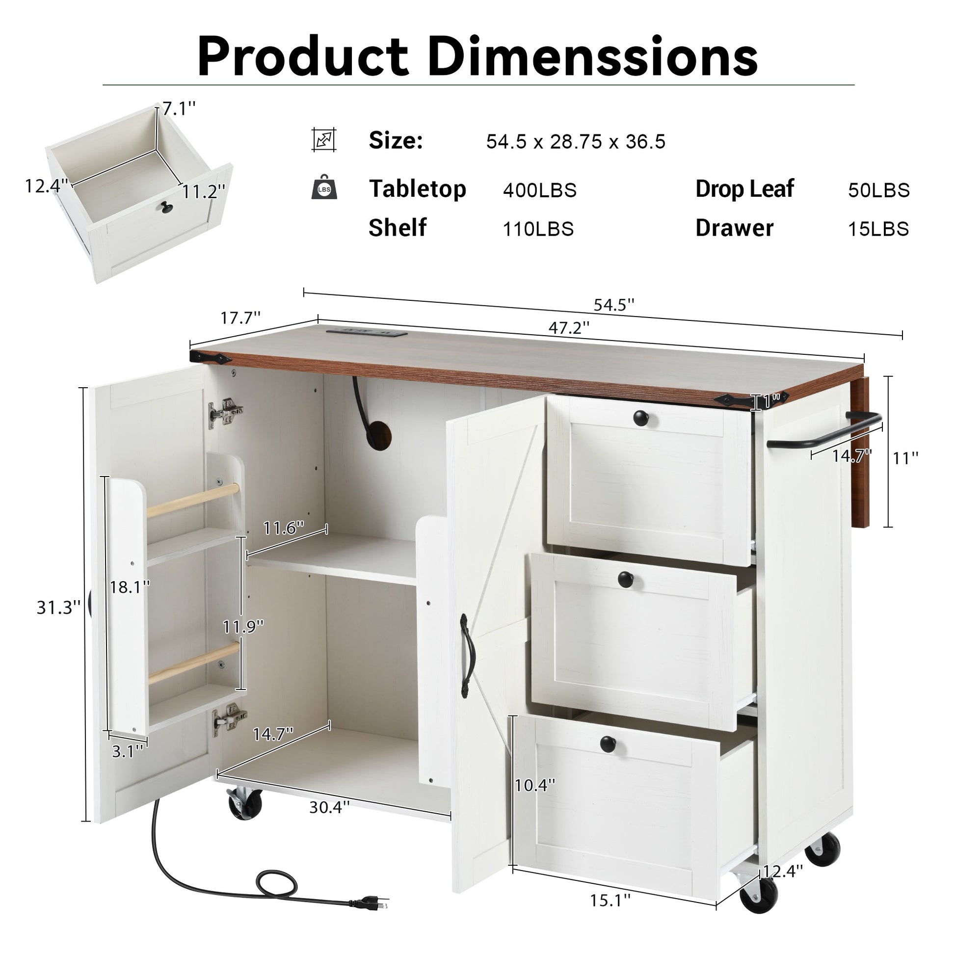 K&K 54.5" Farmhouse Kitchen Island With Power Outlet, Kitchen Storage Island With Internal Storage Rack, Drop Leaf, Spice Rack, Rolling Kitchen Cart On Wheels, For Home, Kitchen And Dining