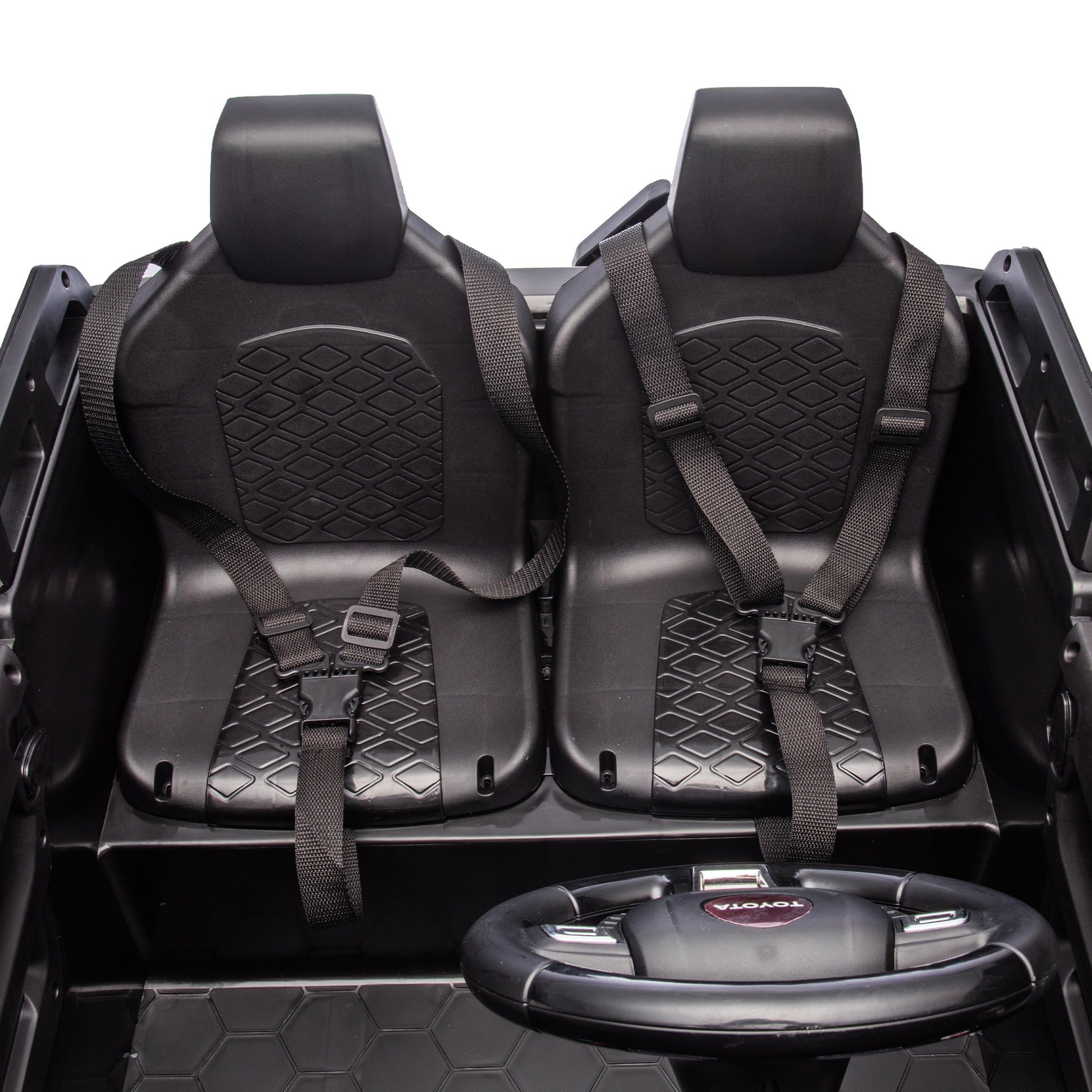 24V Two Seater Kids Ride On Car W Parents Remote Control, Licensed Toyota Lc250,2Wd,110W Motors,With Shovel,Three Point Seat Belt,Slow Start,Speed Adjustment,Bluetooth,Music For Kids Aged 3 . Black 100 149 Lbs Polypropylene