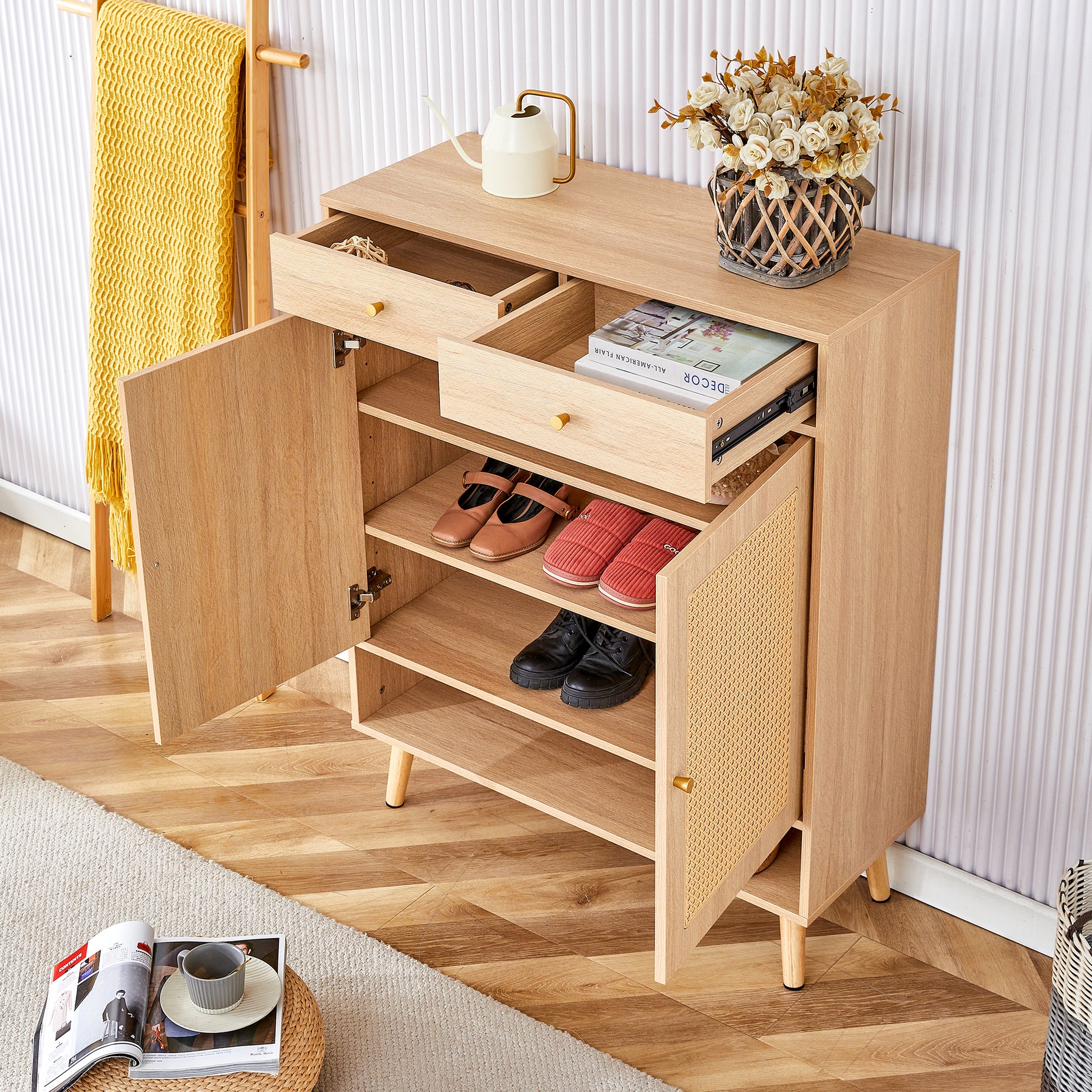 Modern Minimalist Storage Cabinet, Rattan Shoe -