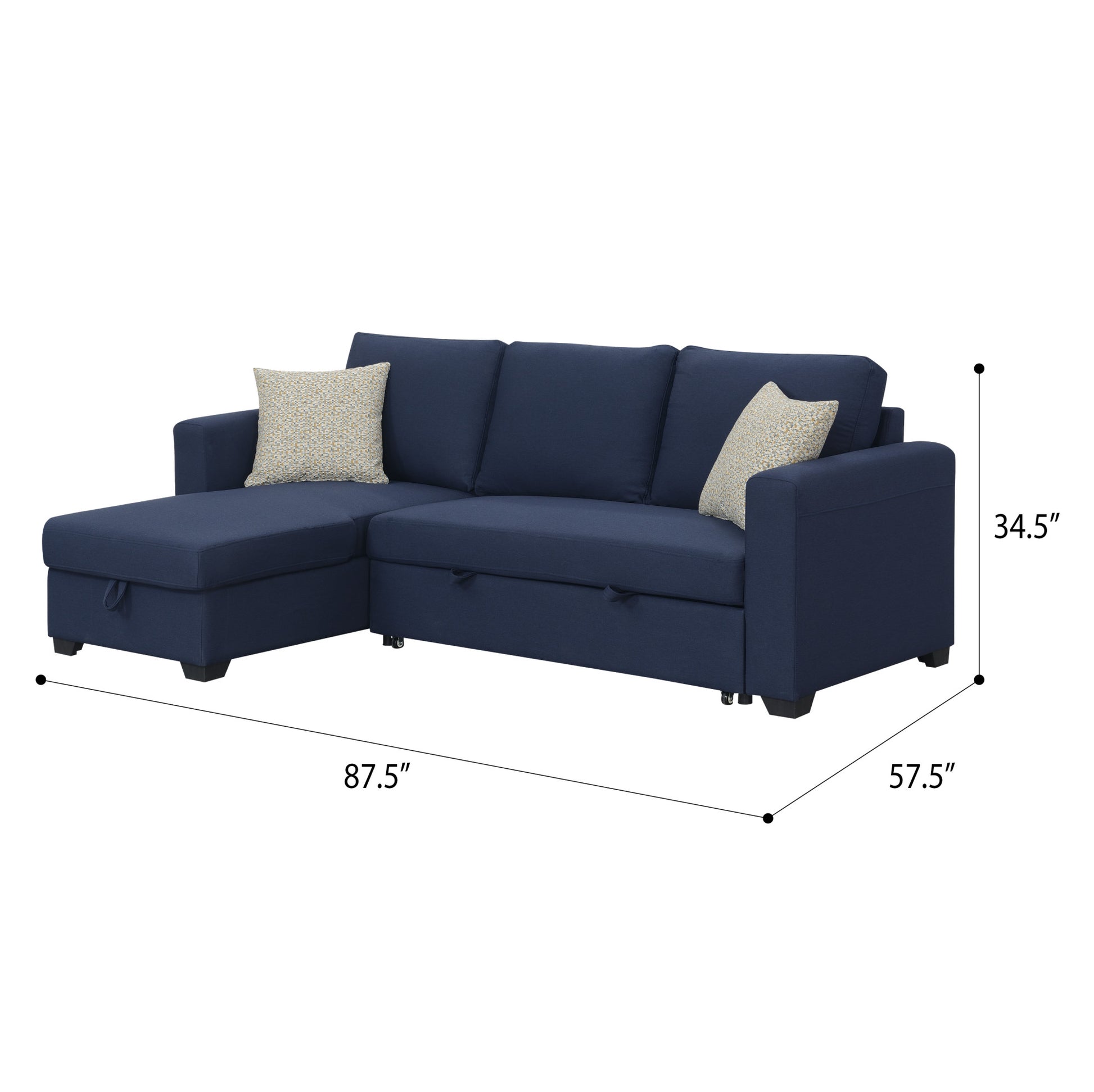 Pensole Blue Reversible Pop Up Sleeper Sectional Blue Foam Solid Wood 3 Seat