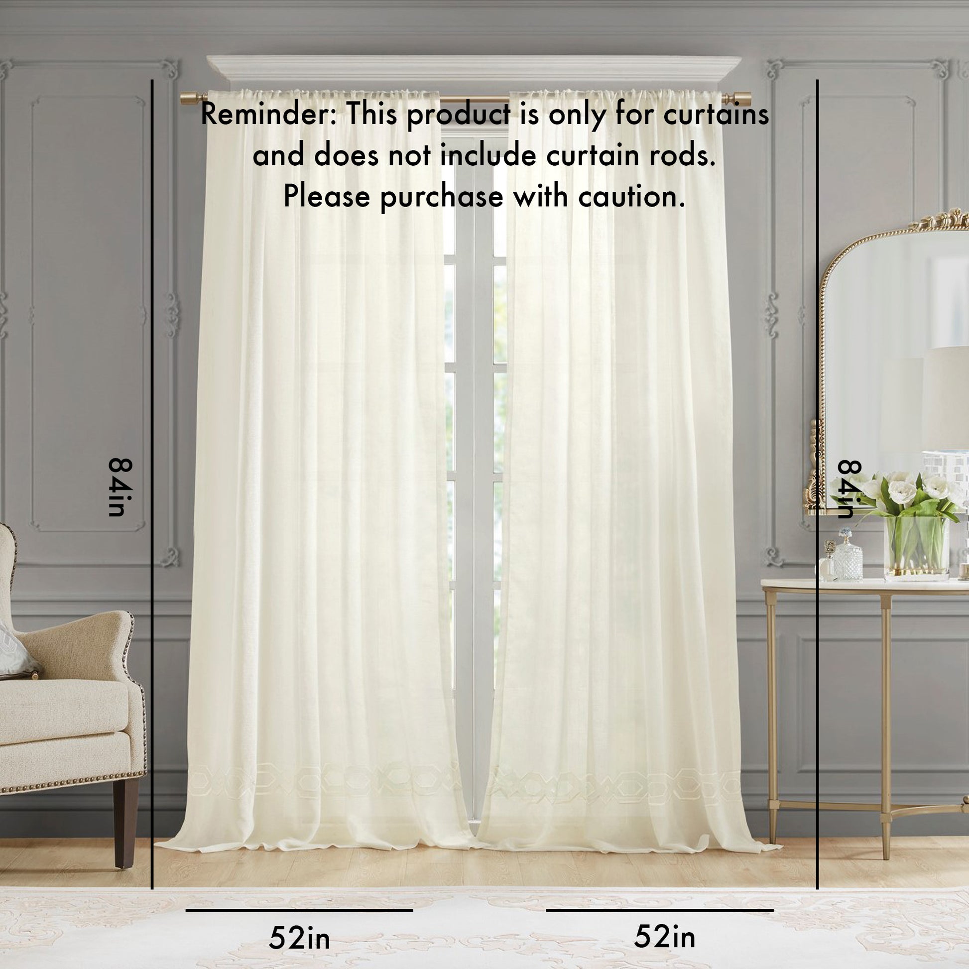 Embroidery Curtain Panel Only 1 Pc Panel Ivory Polyester