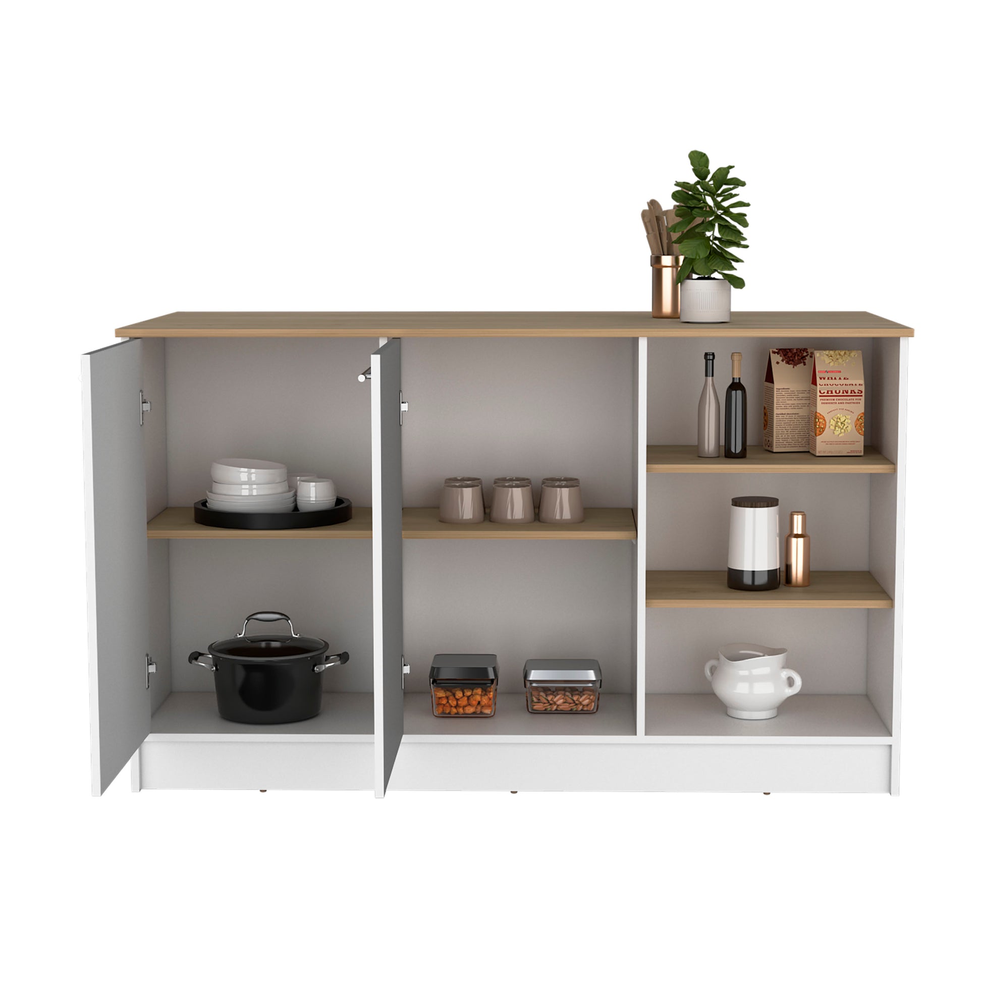 Ginger Kitchen Island, Three Open Shelves, Two Cabinets White Natural Oak Natural Walnut Dining Room Modern Rectangular Stationary Kitchen Islands Particle Board Medium 40 55In