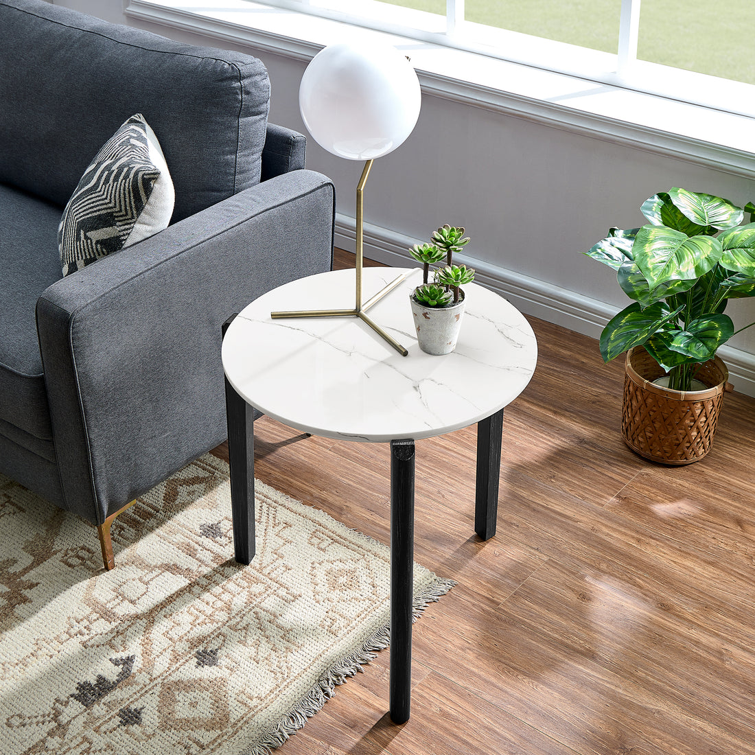 Living Room Coffee Table: Modern And Stylish 24 Inch Round Small Coffee Table, Imitation Marble Tabletop With Rubber Wood Solid Wood Legs, Wooden Coffee Table, Living Room, Office, Home White Black