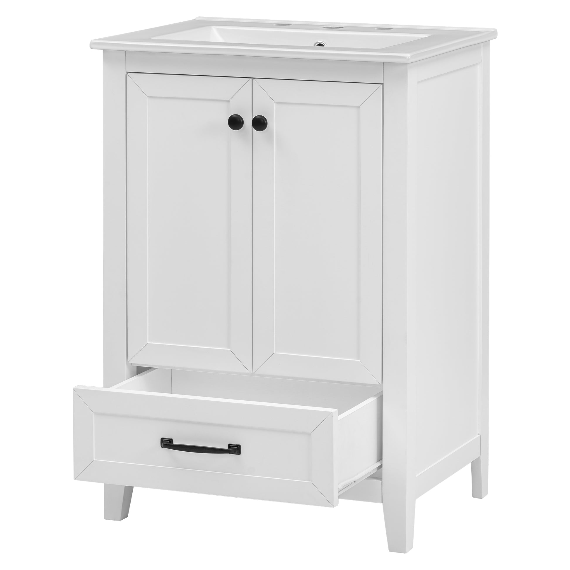 24" Bathroom Vanity With Sink, Bathroom Vanity Cabinet With One Drawer And Doors, Solid Wood And Mdf, White White Solid Wood Mdf