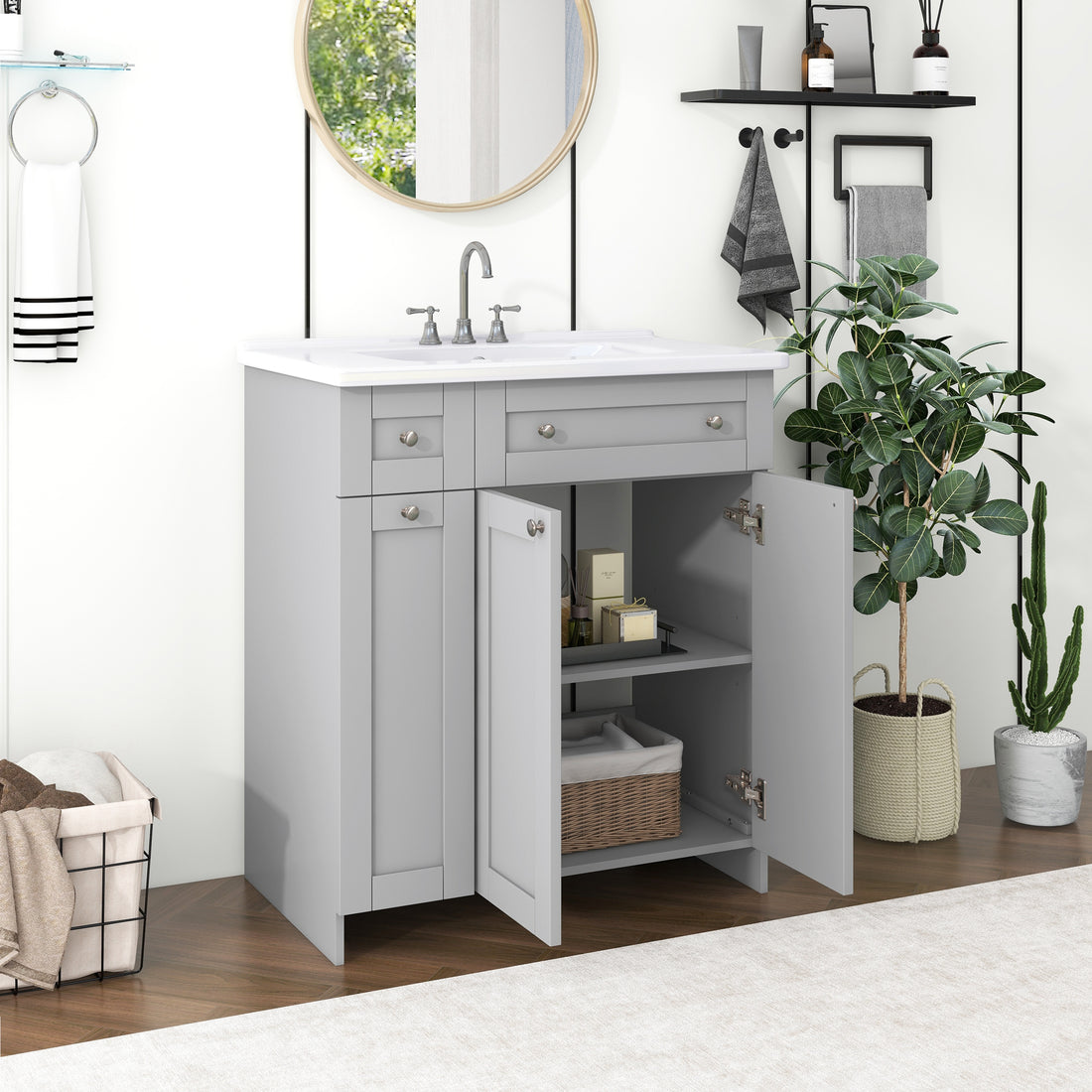 30 Inch Grey Bathroom Vanity With Ceramic Sink Combo, Abundant Storage Cabinet 2 Soft Close Doors And Double Tier Deep Drawer Grey Bathroom Mdf