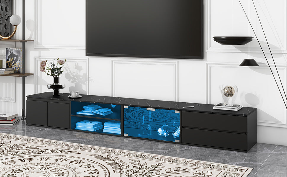 Modern App Controlled Led Tv Stand For Tvs Up To 105'', Faux Marble Tabletop Media Console With Tempered Glass Doors, Entertainment Center With 2 Drawers & Cabinets For Living Room, Black Black 90 Inches Or Larger Particle Board Mdf