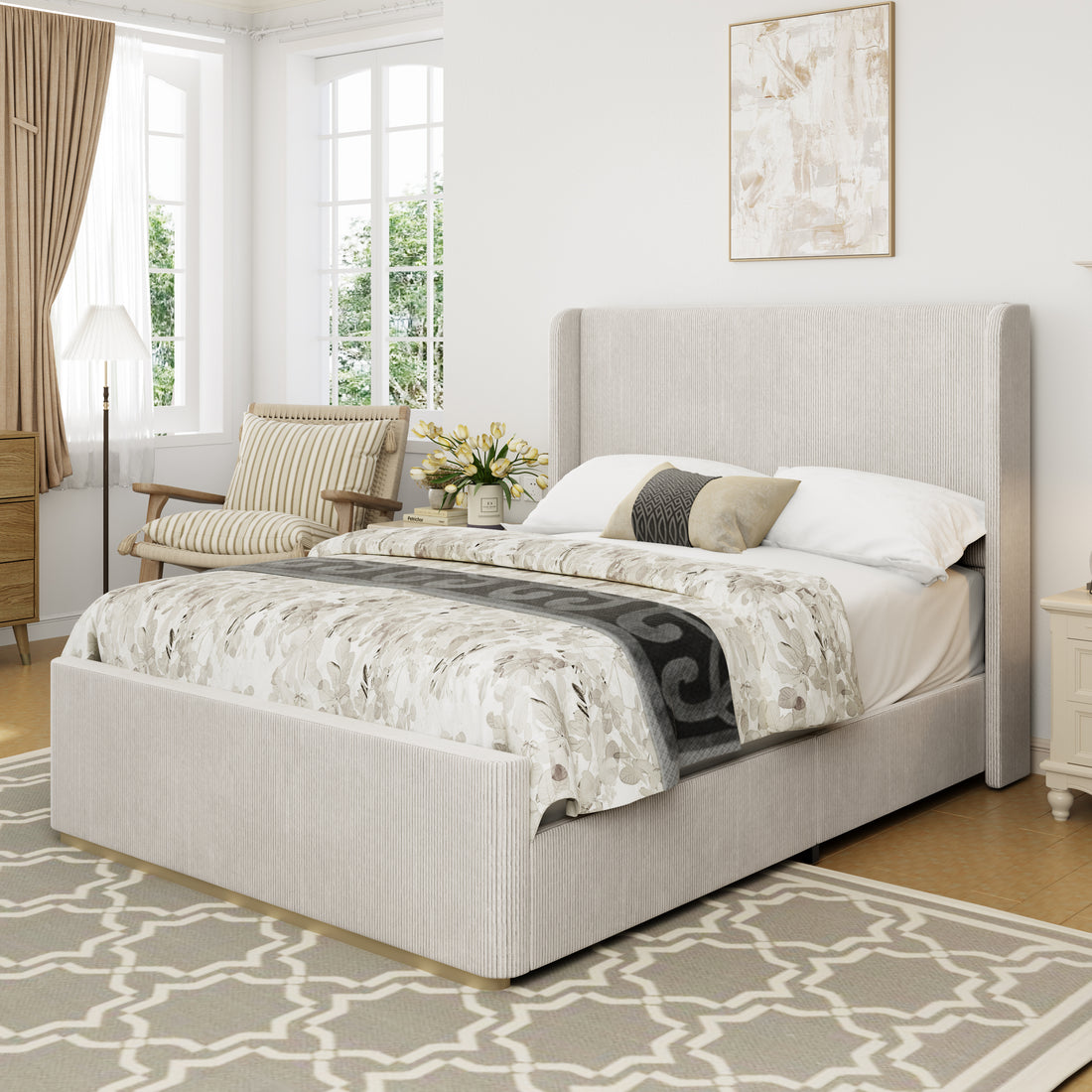 King Size Corduroy Upholstered Bed Frame With Vertical Stripe Wingback Headboard And High Footboard, Light Grey Light Grey Wood