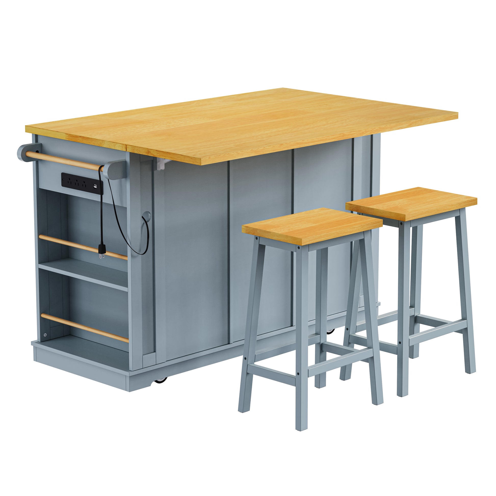 K&K 53Inch Large Kitchen Island With 2 Bar Stools, Power Outlet,Door Internal Storage Rack,Kitchen Storage Cart On 5 Wheels With Drop Leaf,5 Open Side Racks,3 Drawers For Kitchen,Dining Room,Grey Blue Grey Blue Gray Kitchen