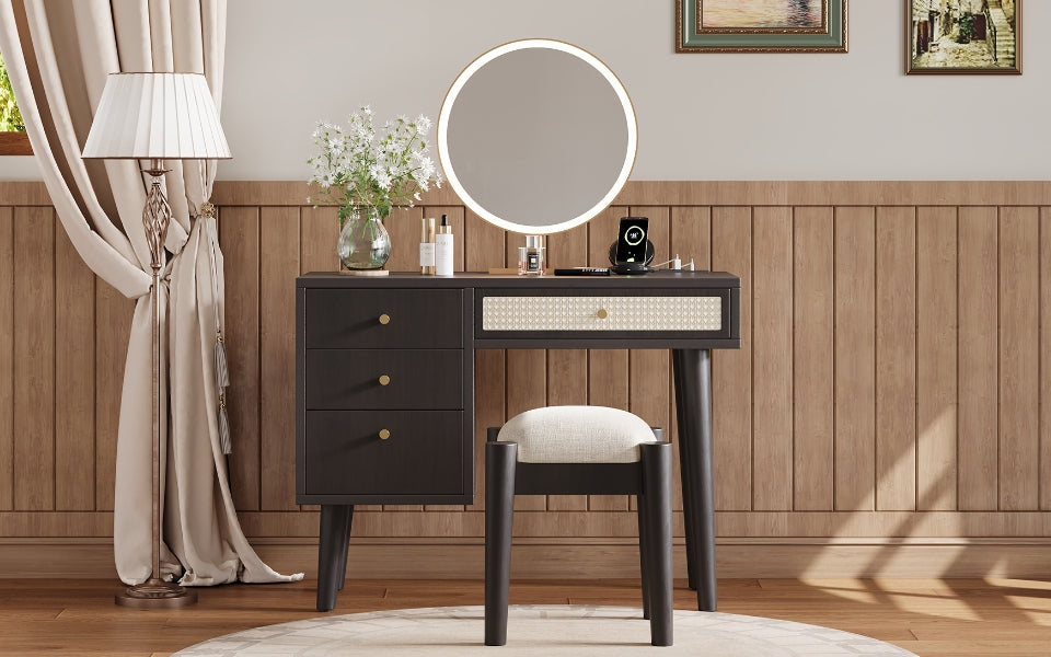 39" Retro Bohemian Style Wooden Makeup Vanity Set With Charging Plug&Usb Port And Stool, Dressing Table With 3 Storage Drawers And 1 Rectangular Rattan Drawer, Black Black 4 Drawers Wood