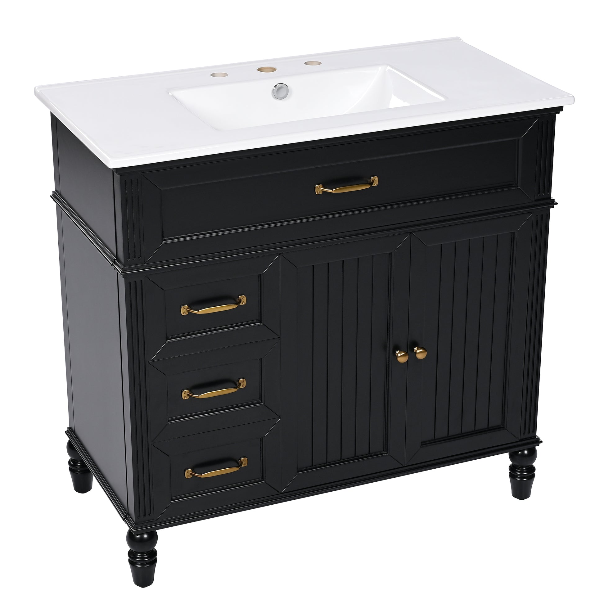 36" Bathroom Vanity With Sink, Black Bathroom Cabinet With Drawers, Solid Frame And Mdf Board, One Package Black Solid Wood Mdf