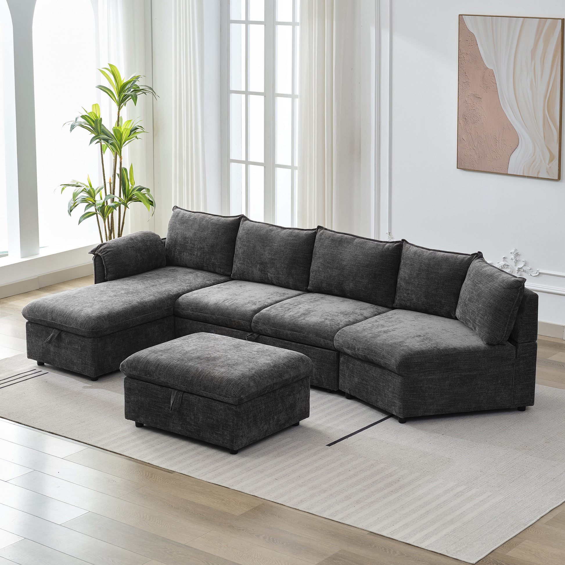 146.9" L Shaped Sofa Sectional Sofa Couch Pull Out Sofa Bed With A Movable Storage Ottoman, A Storage Chaise Lounge And Two Usb Ports For Living Room, Grey Grey Foam Linen 5 Seat