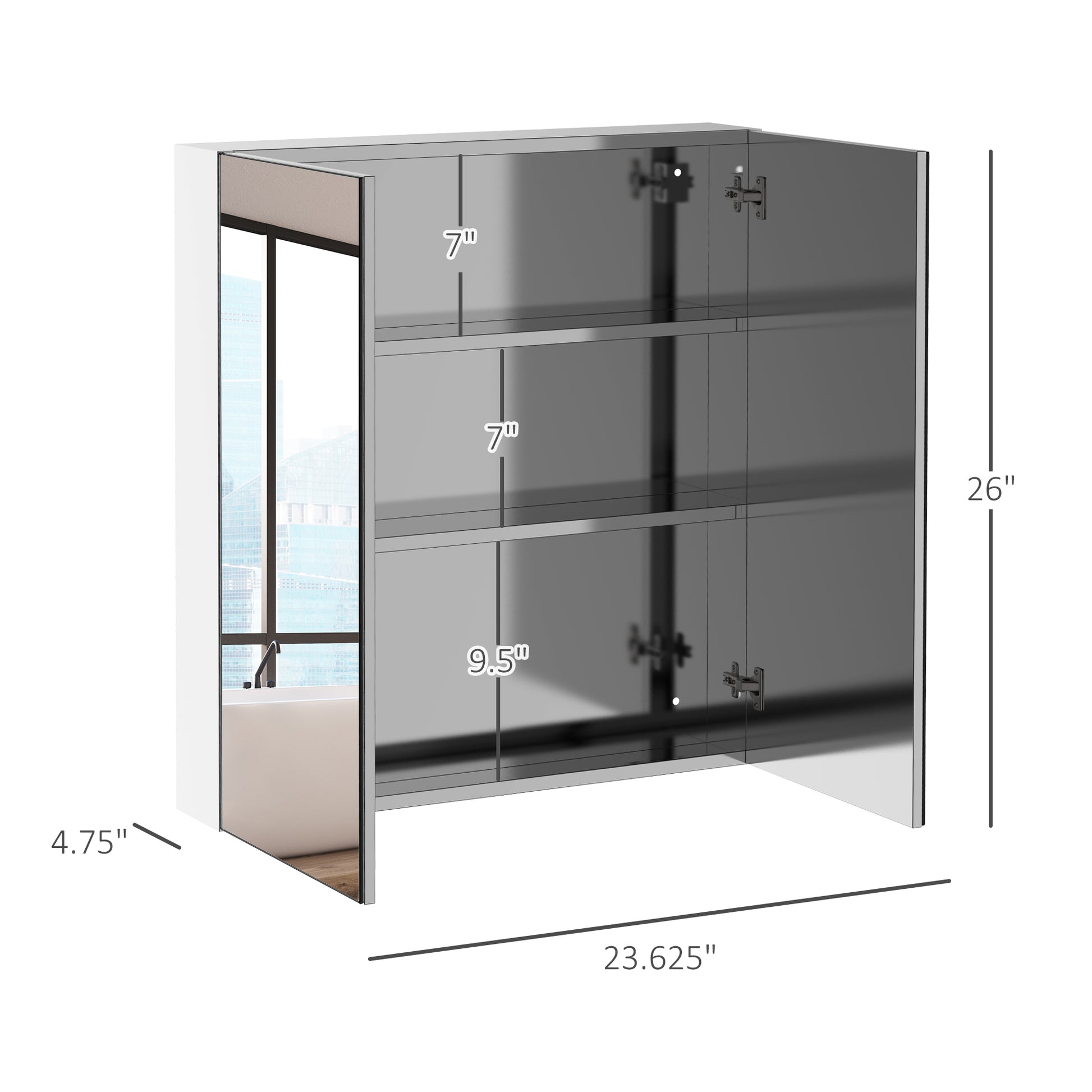 Kleankin Bathroom Mirrored Cabinet, 24"X26" Stainless Steel Frame Medicine Cabinet, Wall Mounted Storage Organizer With Double Doors, Silver Silver Stainless Steel