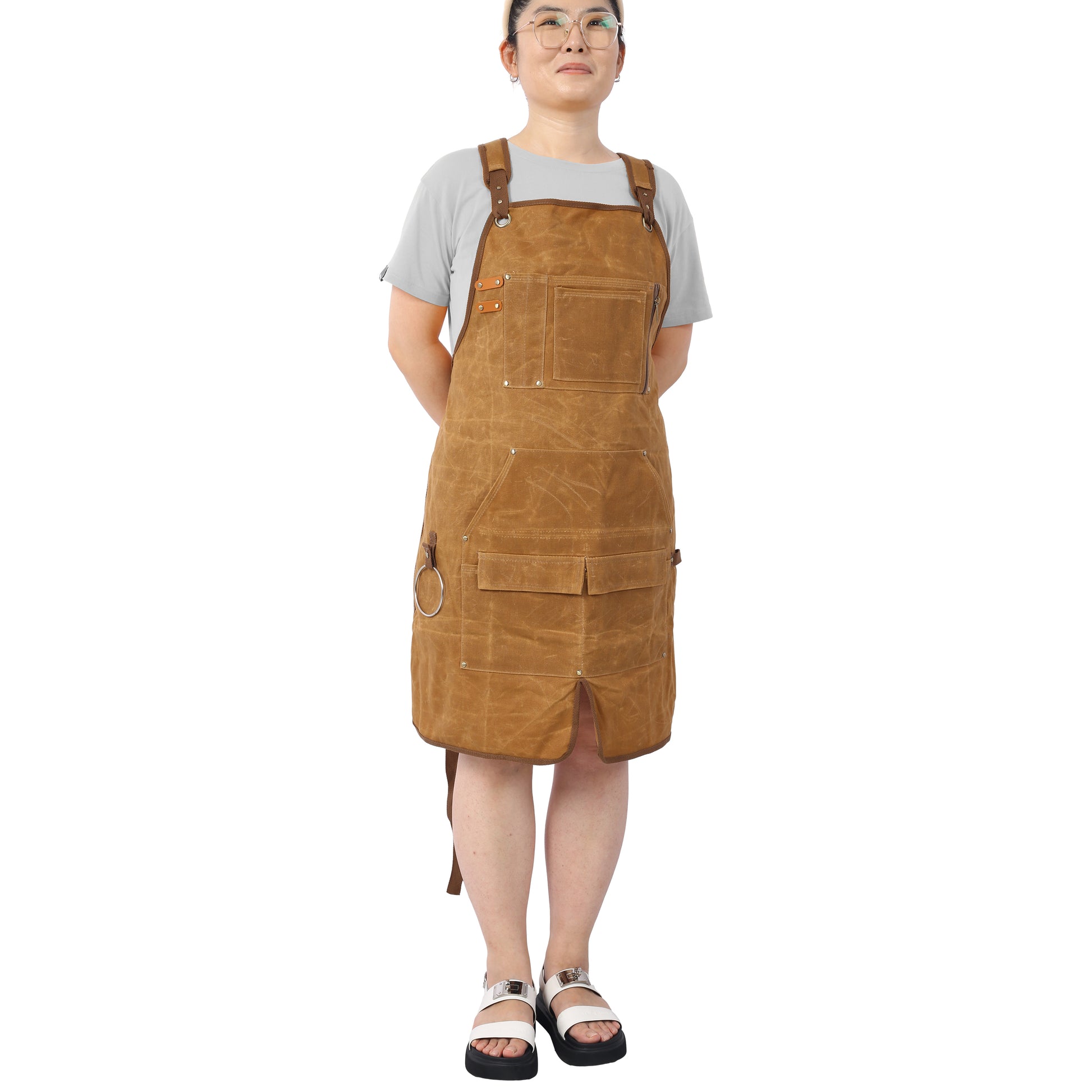 Long Heavy Duty Waxed Canvas Tool Apron, Carpenter Aprons, Woodworking Aprons, Carpenters Water Resistant 18 Oz ,Fully Adjustable To Comfortably Fit Men And Women Brown Canvas