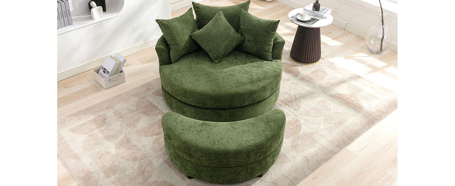 Orisfur. 360 Swivel Accent Barrel Chair With Storage Ottoman & 4 Pillows, Modern Chenille Leisure Chair Round Accent For Living Room, Green Green Foam Chenille