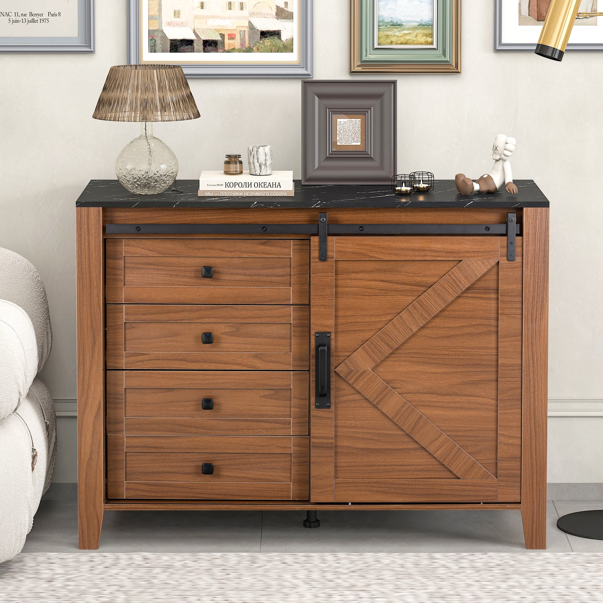 Drawer Dresser Cabinet,Sideboard,Bar Cabinet,Buffet Server Console,Table Storge Cabinets,Slide The Barn Door,Four Drawers,Metal Handle,For Dining Room,Living Room,Bedroom,Kitchen Hallway,Brown Black 3 4 Drawers Barn Door Brown Black Sliding Doors Primary