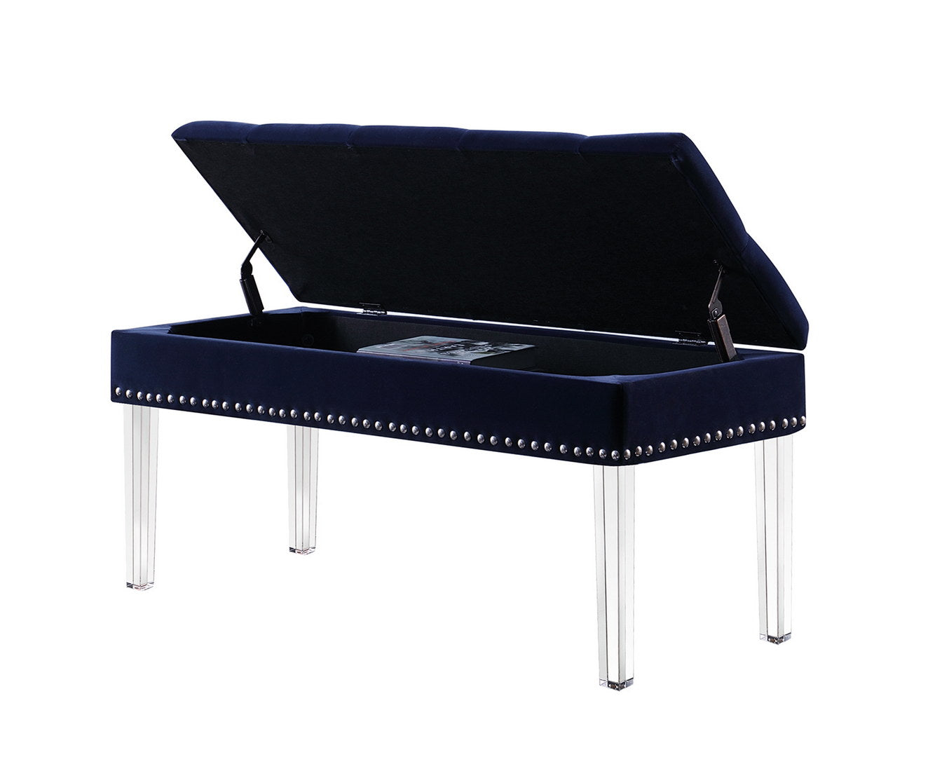 18" Tall Storage Bench Trim W Acrylic Clear Legs, Navy Blue Tufted Navy Blue Wood