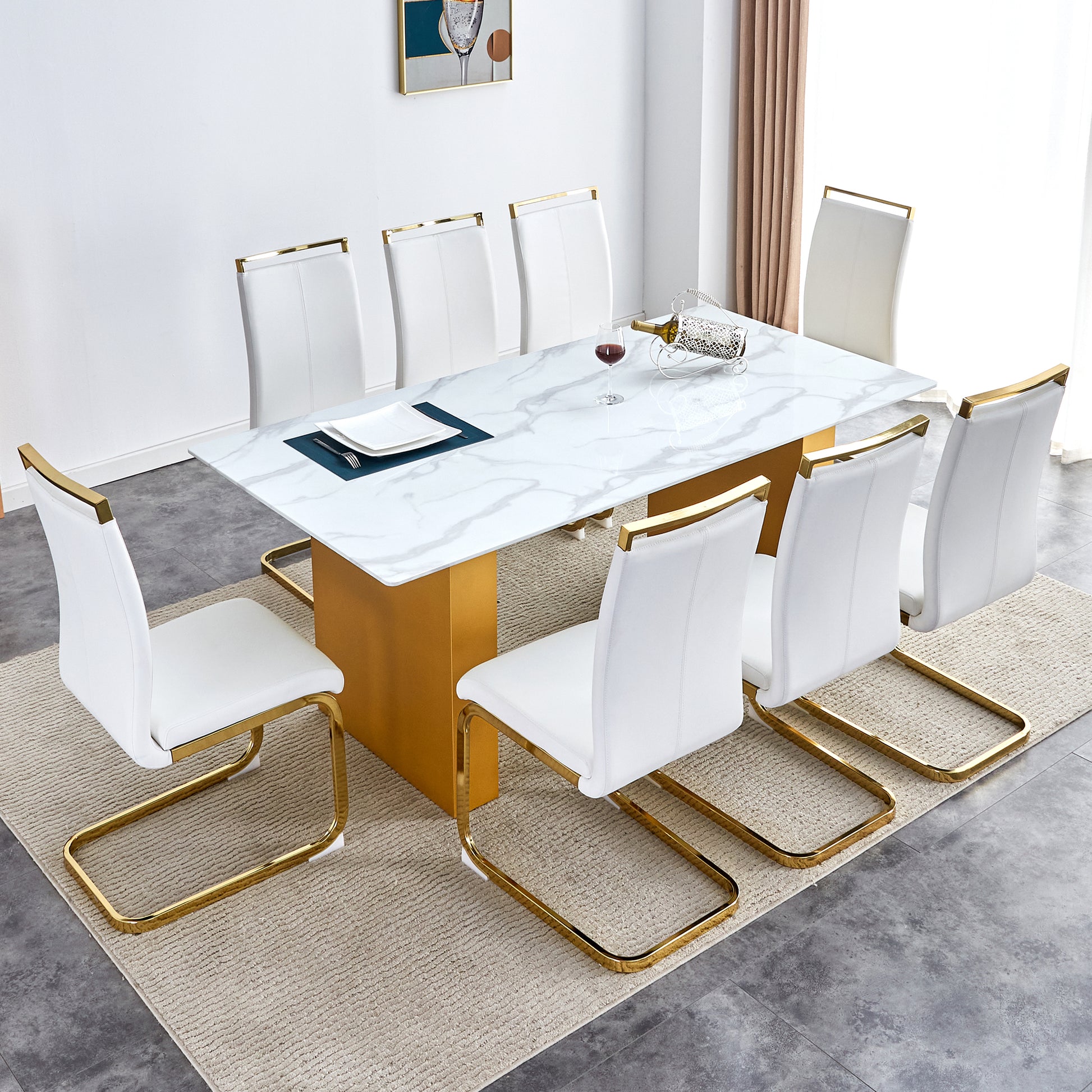 Table And Chair Set.Large Modern Rectangular Table With 0.4 Inch Patterned Glass Tabletop And Large Mdf Table Legs.Comes With 8 Chairs With Faux Leather Cushioned Seats And Golden Metal Legs. Gold White Seats 8 Mdf Glass