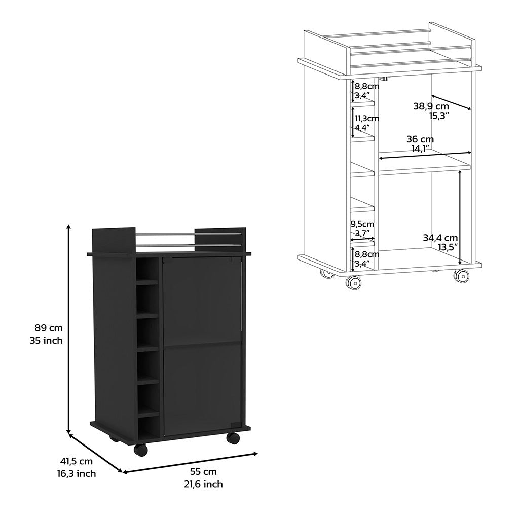 32" H Black Bar Coffee Cart, Kitchen Or Living Room Cabinet Storage With With 4 Wheels, With 6 Bottle Racks, A Central Shelf Covered By 1 Glass Door, 1 Support Surface With Aluminum Front. Black Particle Board Particle Board