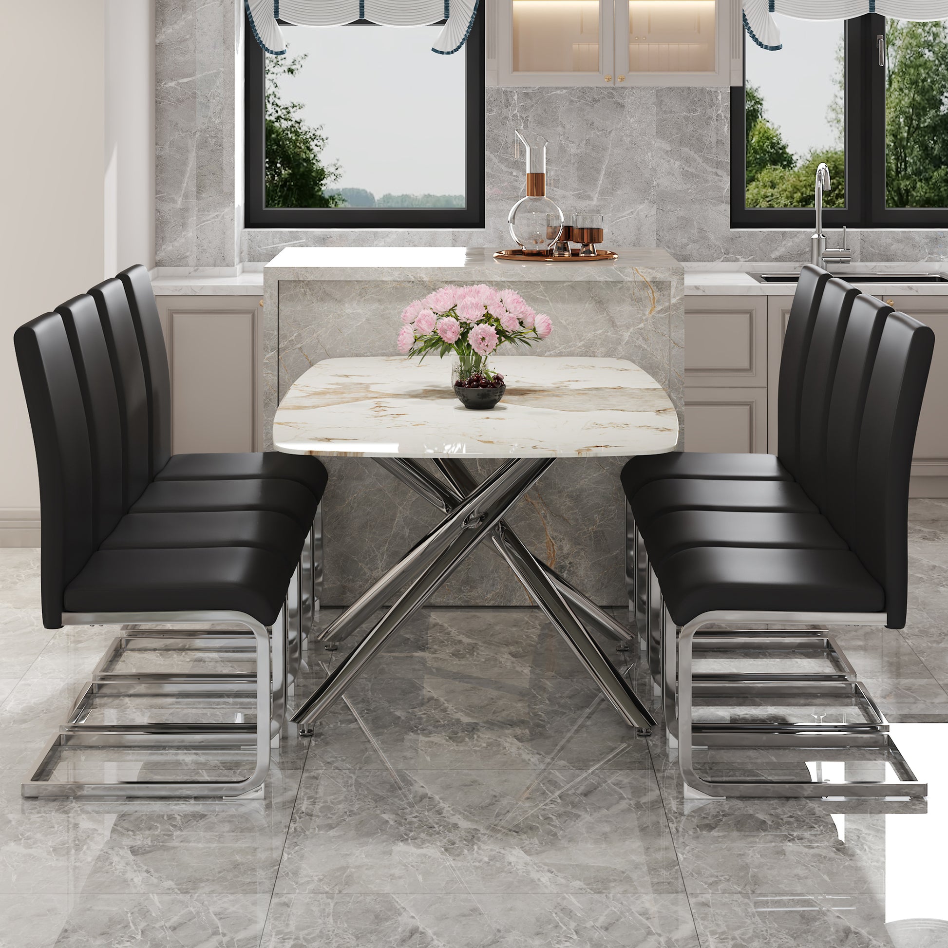 Table And Chair Set, Large Modern Minimalist Rectangular Dining Table, 0.39 "Imitation Marble Tabletop And Silver Metal Legs, Soft Leather Seats. F 1537 Silver Glass Metal