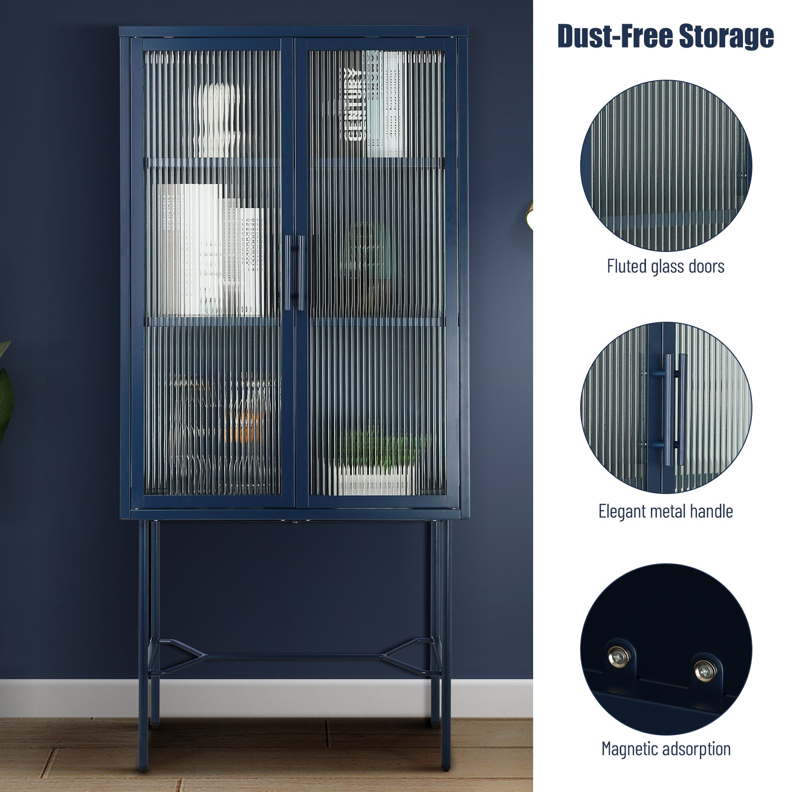 Elegant Floor Cabinet With 2 Glass Doors Living Room Display Cabinet With Adjustable Shelves Anti Tip Dust Free Easy Assembly Blue Color Old Sku:W68766570 Blue Steel