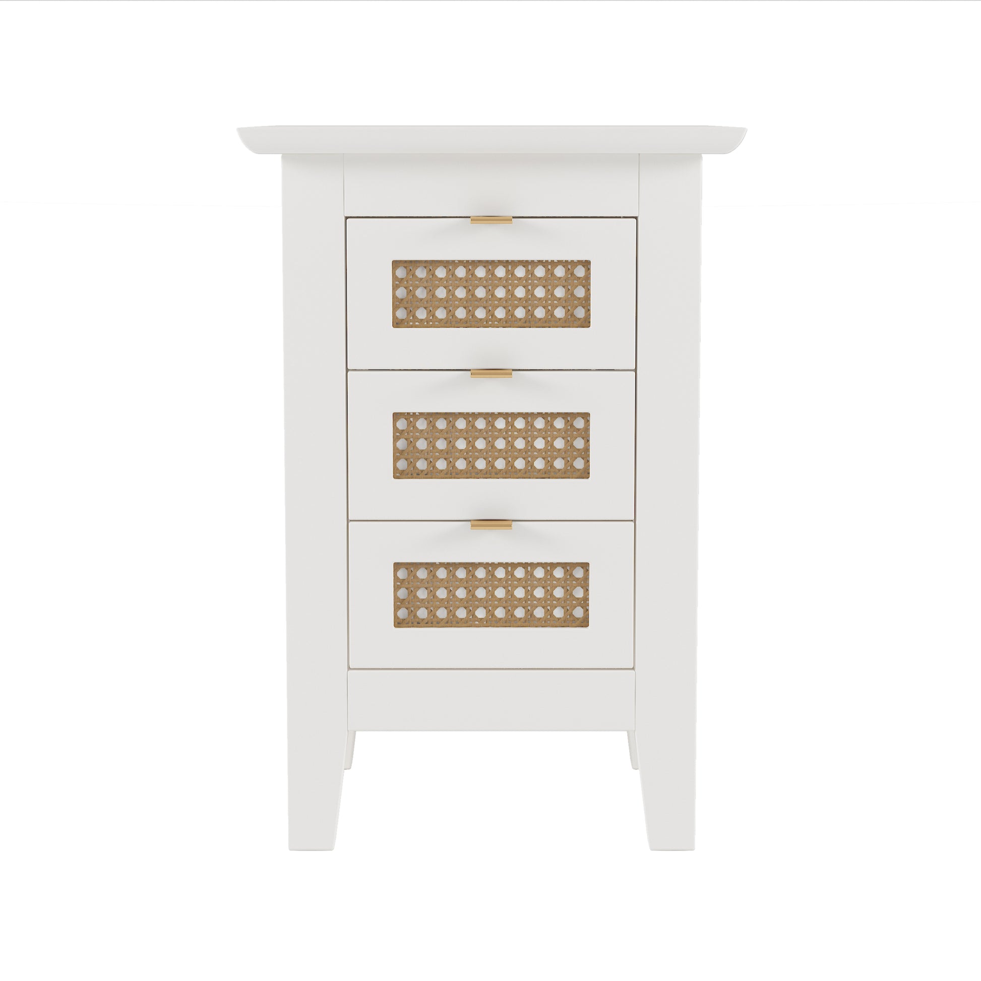 Wooden Nightstands Set Of 2 With Rattan Woven Surfaces And Three Drawers, Exquisite Elegance With Natural Storage Solutions For Bedroom, White White Particle Board