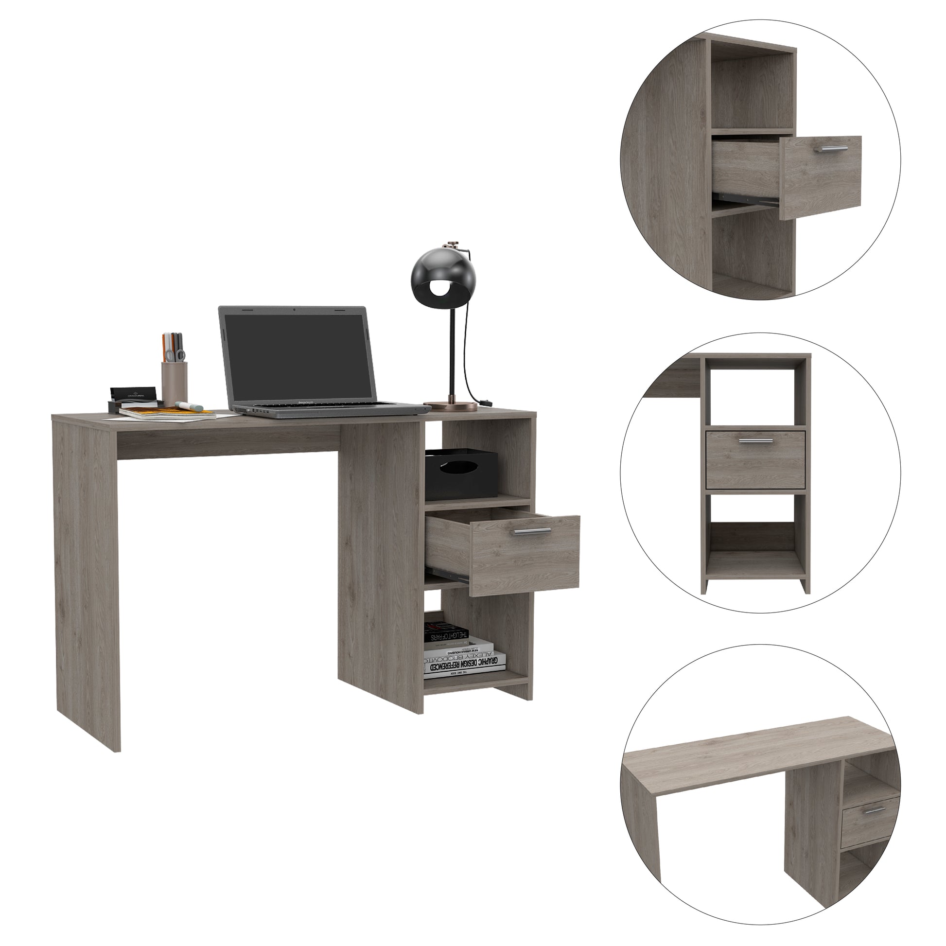 Omma Computer Desk, One Drawer, Two Shelves Grey Computer Desk Office Modern Freestanding Rectangular Open Storage Desk Rectangular Particle Board Engineered Wood