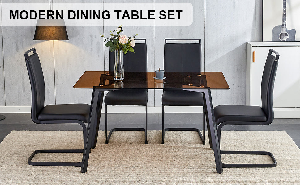 Table And Chair Set. Large Modern Rectangular Table With Brown Glass Top And Black Metal Legs. It Is Equipped With Soft And Comfortable Pu Seats, Faux Leather Upholstered Seats, And Sturdy Metal Legs. Black Seats 4 Glass Metal