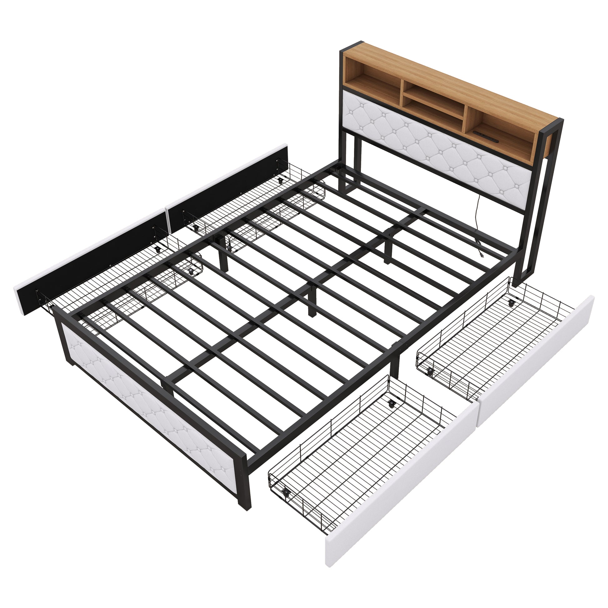 Metal Full Size Platform Bed With 4 Drawers, Upholstered Headboard And Footboard, Sockets And Usb Ports, White Full White Black Fabric Metal