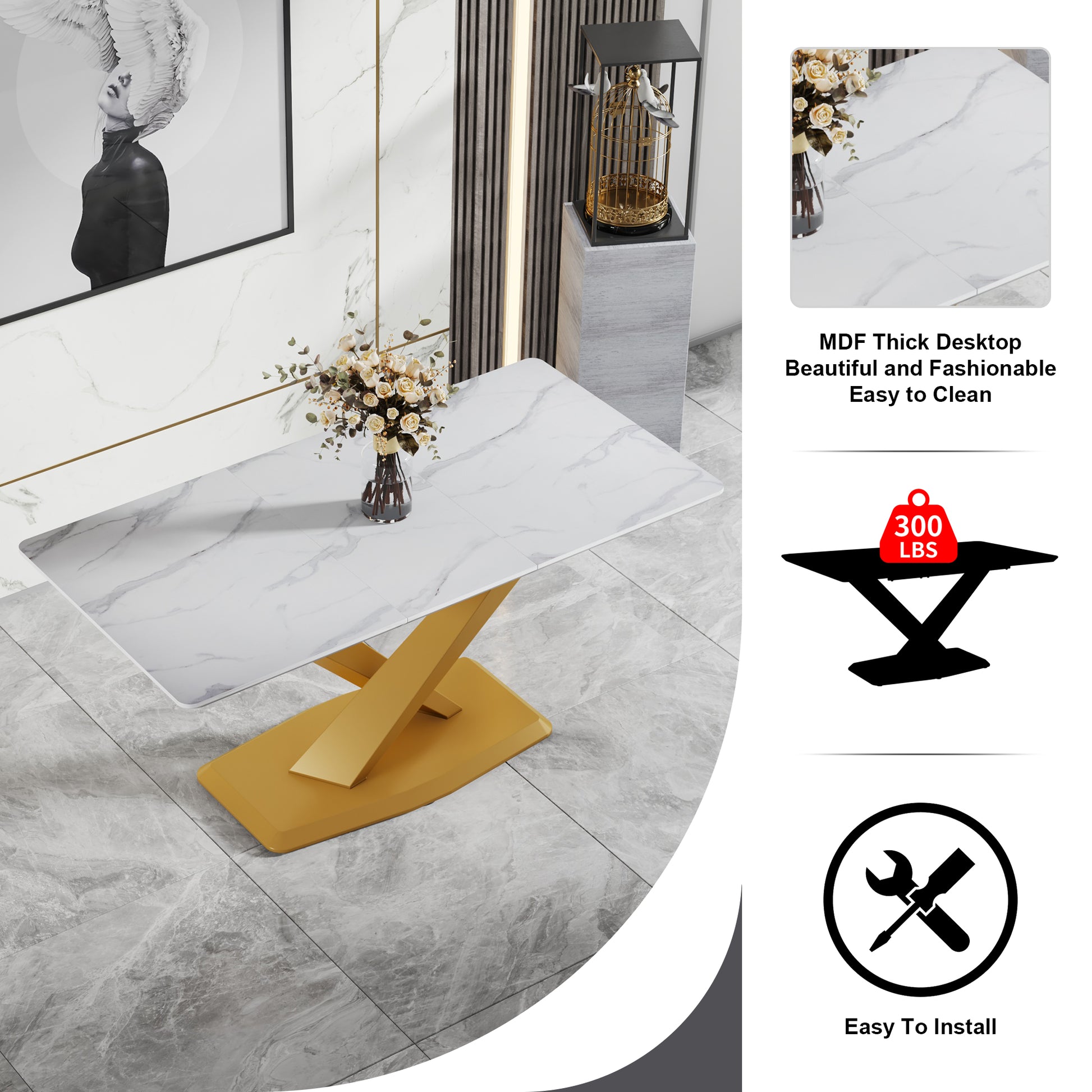 Table And Chair Set, The Table Is Equipped With A Marble Patterned Mdf Tabletop And Gold Table Legs.Dining Chairs,Gold Legged Upholstered Chairs Made Of Artificial Leather. Gold White Seats 6 Mdf