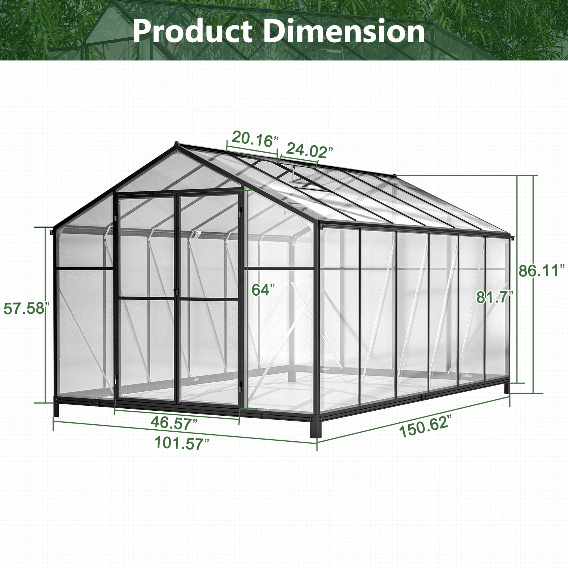 8' X 12' Outdoor Greenhouse, Heavy Duty Polycarbonate Greenhouse, Large Walk In Greenhouse With Double Doors And Two Ventilation Windows, Aluminum Greenhouse For Outdoor Greenhouse Garden Backyard