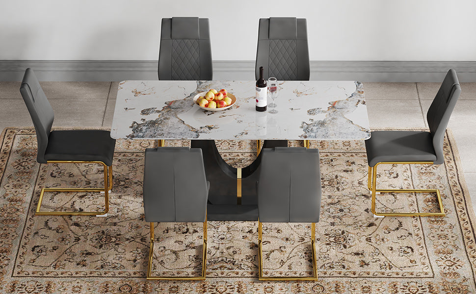 Table And Chair Set, Modern Dining Table, Patterned Table Top And Black Mdf Leg Table, Soft And Comfortable Dining Chair, Perfect For Dinner, Meetings, Home And Office Decor Grey Black Mdf Glass