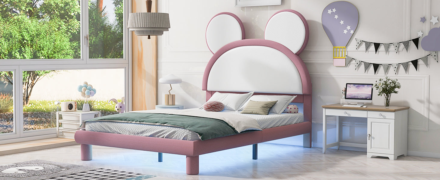 Full Size Upholstered Platform Bed With Cartoon Ears Shaped Headboard And Led, White&Pink Box Spring Not Required Full White Pink Bedroom Bed Frame Faux Leather Upholstered